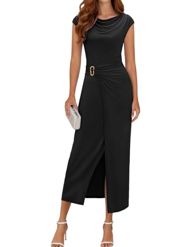 DRESSTELLS Woman's Cocktail Dress, Summer Formal Beach Wedding Guest Church Mother Bride Modest Evening Party Cap Sleeve Midi Dresses for Teen Black L