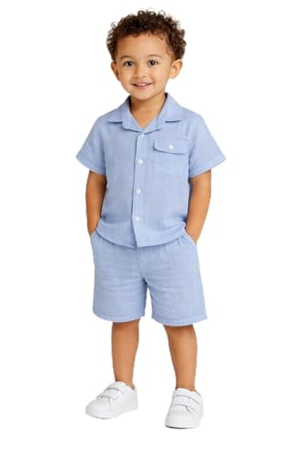 Image of DKNY Toddler Boys Short Set - 2 Piece Cabana Short Sleeve Button Down Shirt and Matching Toddler Shorts for Boys