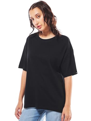Image of Bewakoof Women's Solid 100% Cotton T-Shirt - Oversized Fit, Round Neck, Half Sleeves