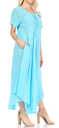 Image of Sakkas Egan Long Embroidered Caftan Dress /Cover Up with Embroidered Cap Sleeves