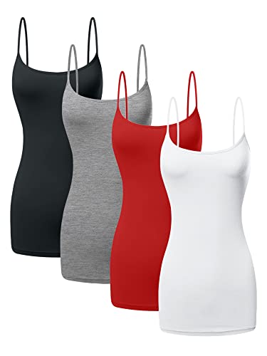 Image of Long Cotton Camisole Tank Tops for Women | Basic Braless Layering Tops with Adjustable Spaghetti Straps