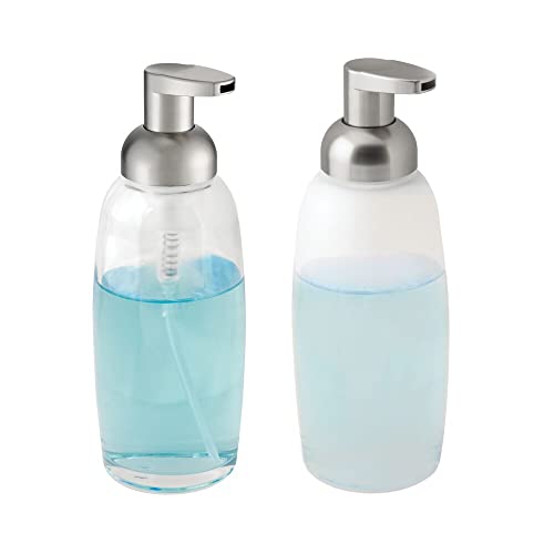 mDesign Refillable Glass Foaming Hand Soap Dispenser - Foam Soap Pump Bottle Container for Bathroom Counter Top - Foam Soap Dispenser - Malloy Collection - 2 Pack - Clear/Frost/Brushed Chrome