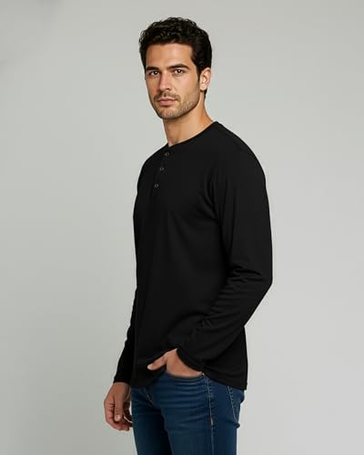 Image of Real Essentials 3 Pack: Mens Casual Long & Short Sleeve Cotton Henley Lightweight Button T-Shirt, Long Sleeve - Set