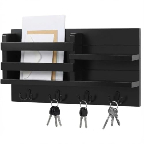 Image of Key Holder for Wall with Mail Shelf & 4 Hooks | Engineered Wood (Blackk, Elegant Mail Organizer - 35.5 x 9 x 23 cm)