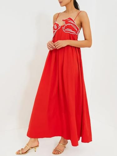 Womens Koi Fish Sleeveless Long Strap Dress High Waist 3D Fish Maxi Cami Dress3