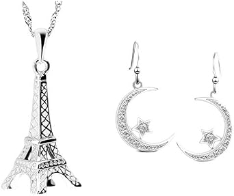 Sterling Silver Eiffel Tower Pendant Necklace Paris Jewelry and Cubic Zirconia Crescent Moon & Star Dangle Earrings