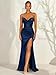 EAURIC 2026 Strapless Satin Mermaid Evening Dress for Women Sweetheart Beaded Prom Gown with Slit for Formal Party EA058 Navy Blue 6