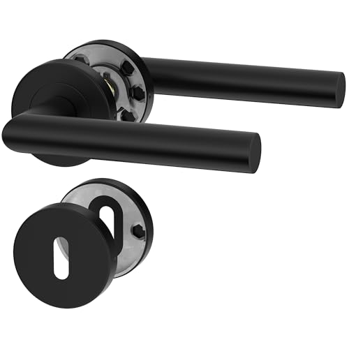 ERGO line NINA Poignée de porte d'intérieur, noire, pour portes d'intérieur à clé, paire de poignées de porte sur rosaces rondes, noire mate, acier inoxydable, poignée