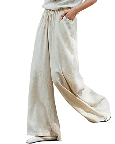 IXIMO Women's Cotton Linen Wide Leg Pants Casual Drawstring Lounge Palazzo Loose Trousers