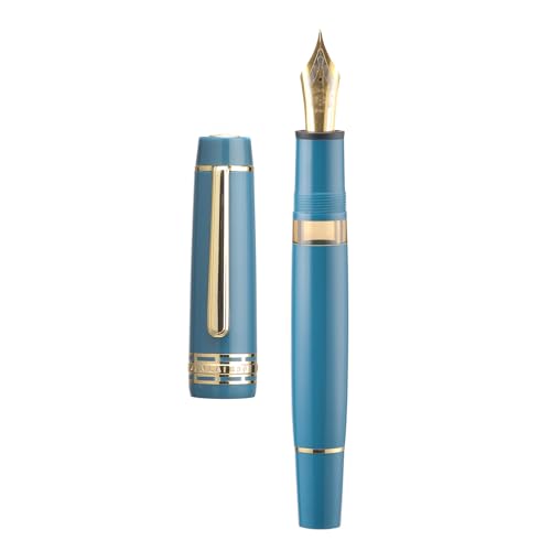 Wikult Yongsheng Junlai 630 Acrylic Fountain Pen, Size 8 Medium Nib with Piston Filling System, Indigo Blue Transparent Ink Tank with Flat Top Shape Design Smooth Writing Pen (Gold Trim)