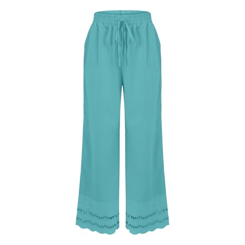 Womens Dress Pants Boho Hollow Out Long Linen Gauze Wide Leg Pants Summer Beach Drawstring Pull on Flowy Slacks3