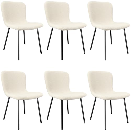 Juego de 6 sillas de comedor tapizadas, tela de forro polar, respaldo semicurvado, fácil de montar, elegante, color beige, perfecto para comedor, dormitorio y recepción.
