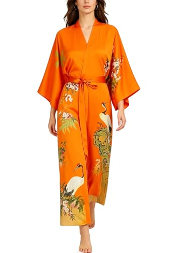 Image of Women's Classic 100% Silk Kimono Robe, Bathrobe-Printed Pattern
