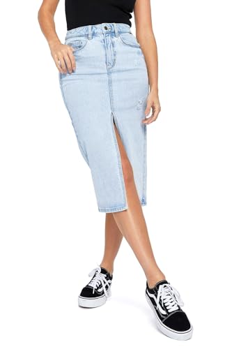 Cello Jeans Women's Juniors Front Slit Long Denim Jean Skirt