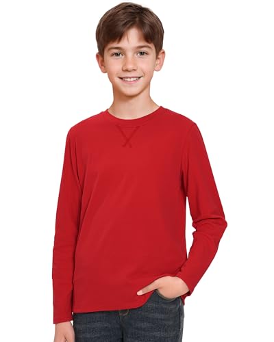 Boys Long Sleeve Shirts Cotton Crewneck T-Shirts for Boy Kids Basic Tee Sweatshirt Red 7-8 Years