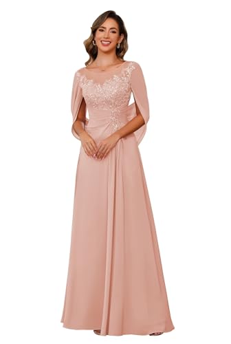 Beaded Sequin Long Mother of The Bride Dresses for Wedding Wape Lace Chiffon Scoop Neck Formal Evening Party Gown Blush Pink 14
