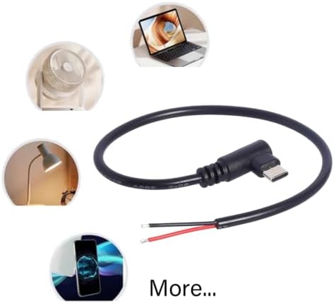 JINPIAOPIAO 90 Degree USB C Power Cable 2 Pack, USB C Male to Wire Charging Cord, 30cm 20AWG Pigtail for Project Wiring and 5V