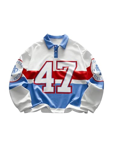 Men's Color Block Oversized Shirts Streetwear Long Sleeve Number Graphic Baggy Golf Tennis Shirt