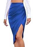 LYANER Women's Satin Silk Asymmetrical Split Slit Ruched Hight Waist Bodycon Midi Skirt Royal Blue Medium