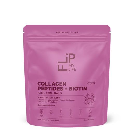 Flip My Life Collagen Peptides + Biotin, Hyaluronic Acid & Vitamin C - For Hair, Skin, Nails - Gut Health/Joint Support - Ageless Beauty Blend Supplement Powder for Men/Women - 9g Protein—26 Servings
