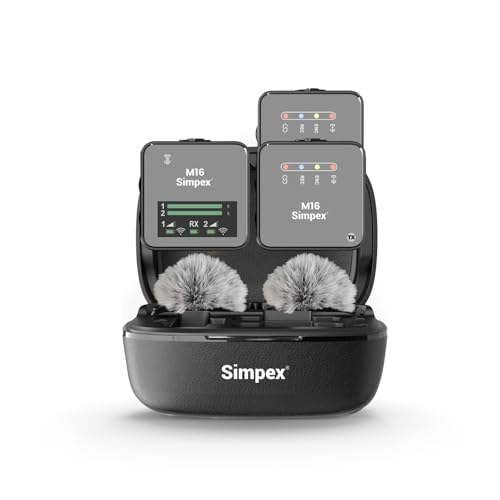 Image of Simpex M-16 Wireless Microphone with Charging Case, 100m Range, Intelligent Noise Cancellation, 10Hrs Battery, Compatible with DSLR, Smartphones for Vlogging, Interviews & Podcasts