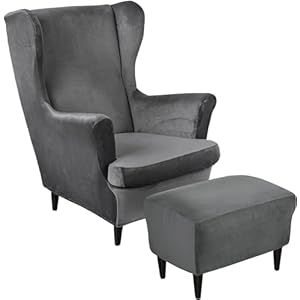 2 Piece Velvet Stretch Wingback Chair Cover Set, Matching Ottoman Slipcover Included, Furniture Protector for Living Room (Color : O)