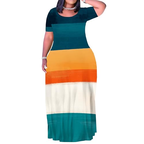 Image of SUZONANA Plus Size Maxi Dress for Curvy Women Summer Casual Sundress Short Sleeve Loose Vacation Dress