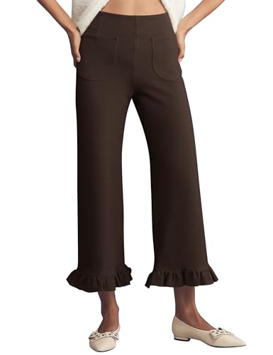 Women's Ruffle Knit Wide Leg Pants 2025 Fall Fashion Casual High Waist Cropped Hem Loose Fit Trousers with Pockets