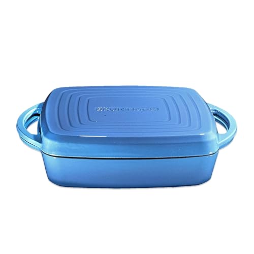Image of Bruntmor 2-in-1 Pre-Seasoned Square Cast Iron Dutch Oven with Dual Handles, Non Stick Pan with Grill, All-in-One Cookware Set, Cast Iron Casserole Dish with Lid for Braising Dishes,Whale Blue