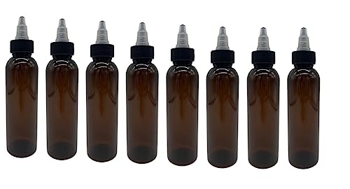 Natural Farms 4 oz Amber Cosmo BPA FREE Bottles - 8 Pack Empty Refillable Containers - Essential Oils - Aromatherapy | Black/Natural Twist Open/Close Cap - Made in the USA