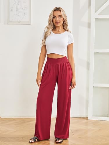 QIANXIZHAN Calça feminina boho, perna larga, cintura alta, roupas hippie para ioga com bolsos, Vinho