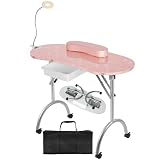 Whalefall Portable Manicure Nail Table, Foldable Manicure Table with Drawer, LED Lamp, 4 Lockable Wheels and Carry Bag, Professional Nail Desk with Wrist Cushion (Pink,30' H)