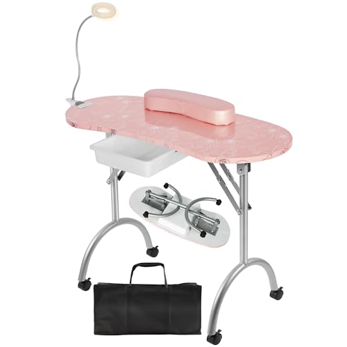 Whalefall Portable Manicure Nail Table, Foldable Manicure Table with Drawer, LED Lamp, 4 Lockable Wheels and Carry Bag, Professional Nail Desk with Wrist Cushion (Pink,30" H)
