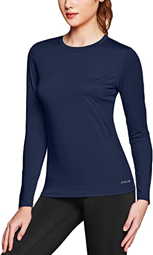 Athlio Women's Upf 50+ Long Sleeve Workout Shirts, Uv Sun Protection Running Shirt, Dry Fit Athletic Tops, Round Neck 3Pack Shirts Black/Navy/Neon Pink, Large #TOP2