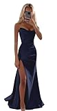 SELFGENIC Silk Satin Prom Dresses Navy Blue Mermaid for Teens 2025 Long Strapless Formal Party Cocktail Dress with Slit 6