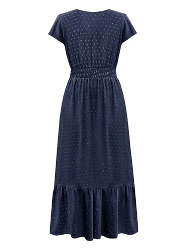 Image of CzzzyL Women Nursing Boho Maxi Dresses Cap Short Sleeve V Neck Swiss Dot High Waisted A-Line Ruffle Tiered with Pockets