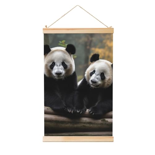 Poster à suspendre en toile décoration murale salon motif deux grands pandas 91x61cm