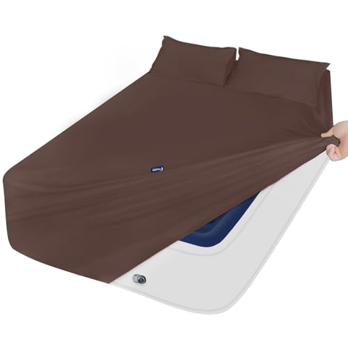 Image of Queen Sheet Set for Air Mattress - Sheets Queen Size Bed Set - 3Pcs Side Storage Pocket Fitted Sheet & Pillowcases Easily Fits 16in to 24in Pillow Top Air Bed Mattress - Brown
