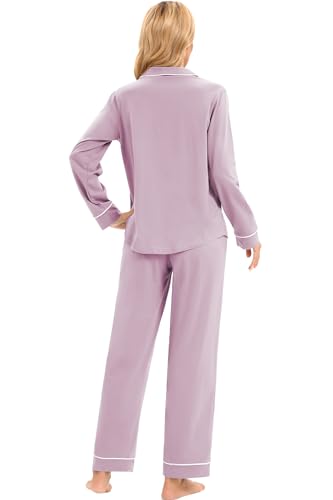 Image of LUBOT 100% Cotton Pajamas for Women PJ Set Soft Long Sleeve Button-Down Shirt 2 PC Set Warm Sleepwear Loungewear Night Suit (Lavender, M)