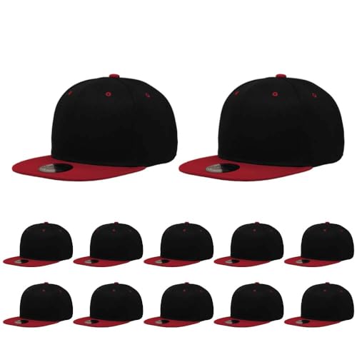 ZH Plain Flat Brim Snapback Baseball Caps Adjustable Blank Baseball Caps Wholesale 12 Pack Black-red