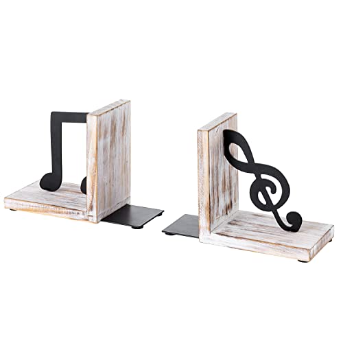 Mygift Shabby Chic Whitewashed Wood Decorative Bookends With Black Metal Musical Notes Design, Slanted Beamed Eighth Note And Treble Clef Music Themed Book End Holder, Home Office Shelf Decor, 1 Pair #TOP5