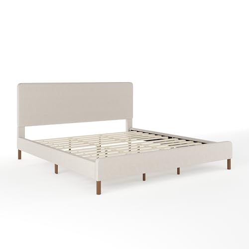 Image of Martha Stewart Britta Platform Bed with Headboard & Footboard, Faux Linen Upholstery with Piping Detail, Rounded Headboard, No Box Spring Needed, King, Beige