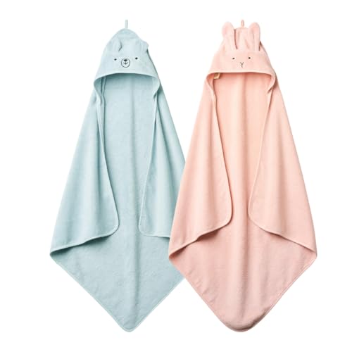 Image of Baby Hooded Towels – Organic Cotton Baby Bath Towels – Baby Towels, Baby Bath Towels for Baby Boy, Baby Girl, 32" x 32" Super-Soft and Absorbent 2-Pack (Rabbit Blush/Bear Baby Blue)