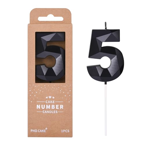 PHD CAKE 2.76 Inch Crystal Black 5 Number Birthday Candles, Black Number Candles, Cake Number Candles, Party Celebration
