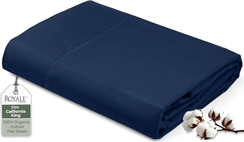 Image of Royale Linens 100% Organic Cotton California King Flat Sheet Only - Super Soft - Percale Top Sheets - California King Flat Sheet Sold Separately - Cool & Crisp Navy Sheets Only (108 inch x 102 inch, Navy)