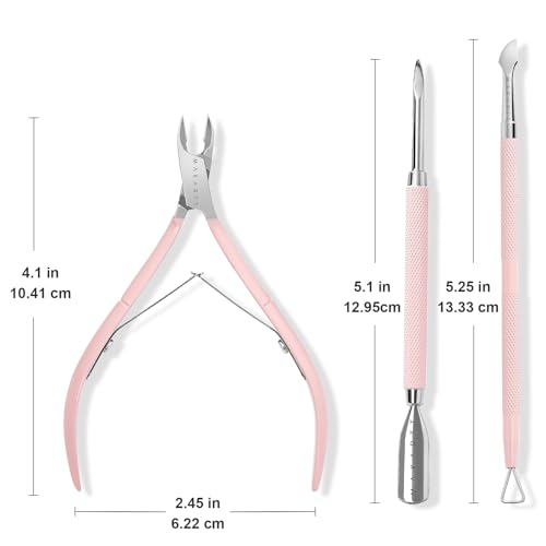 Makartt Cuticle Trimmer with Cuticle Pusher, 3 PCS Pink Nail Cuticle Nipper Professional Pedicure Manicure Tools with Stainless Steel Dual End Pusher, Nail Scraper