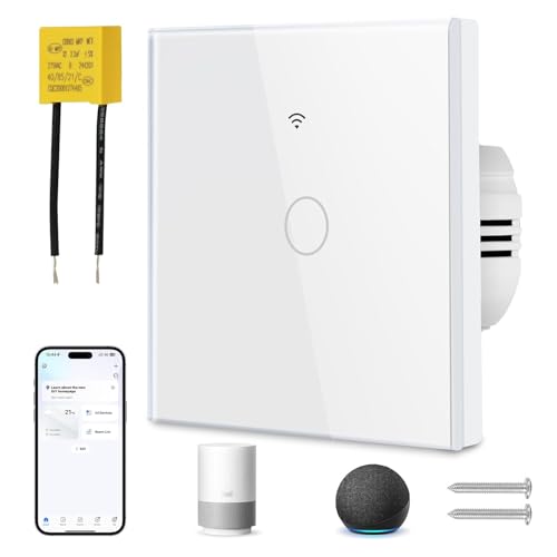 proAMEDEN Smart Light Switch WiFi 1/Gang No Neuro Glass Plate Touch Switch WiFi 2.4GHz Smart Life/Tuya Remote Control Works with Alexa, Google Home, White [Pack of 1]