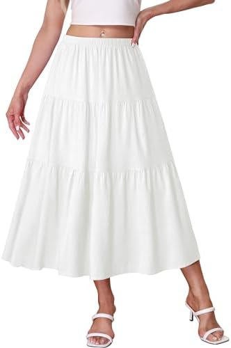 Kingfancy Women's Boho Midi Skirt A-Line Ruffle Elastic High Wais...