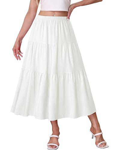 Kingfancy Women's Boho Midi Skirt A-Line Ruffle Elastic High Waist Tiered Flowy Skirts