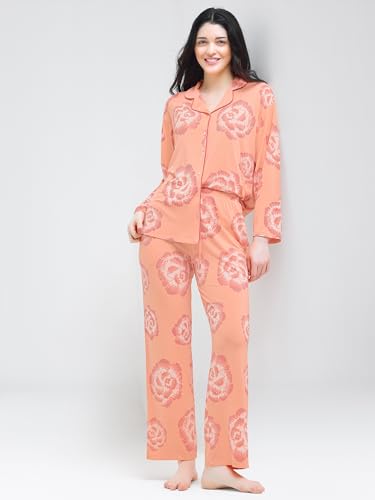 Image of Night Suit for Womens Floral Printed Modal Night Dress of Shirt and Pajama Set 9365